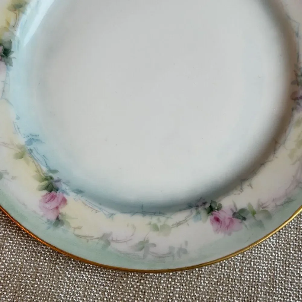 Set Of 2 Antique Limoges France Hand Painted Pink Roses Floral Blue Gold 7 1/2”